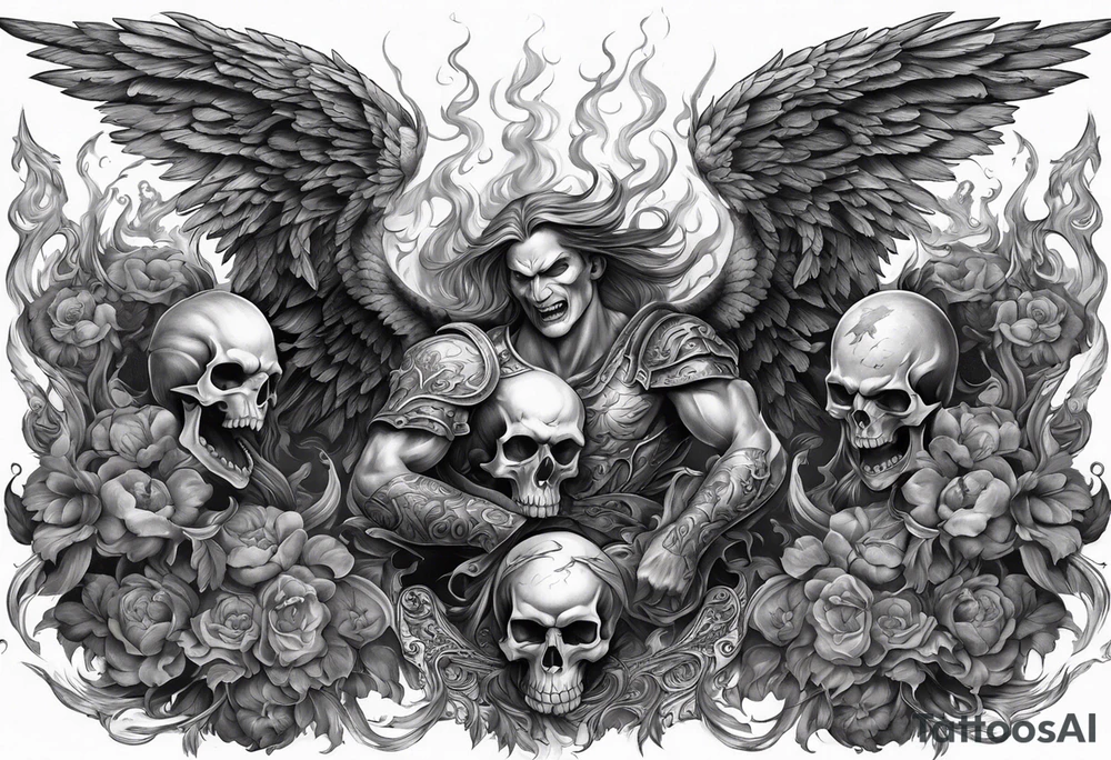 Angels fighting demons full sleeve with skulls and fire and smoke for filler tattoo idea