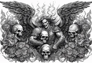 Angels fighting demons full sleeve with skulls and fire and smoke for filler tattoo idea