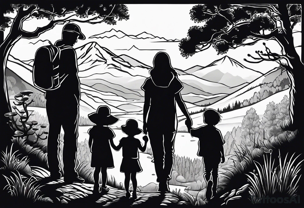 Family silhouette of a father, a mother, oldest son, middle daughter, and small daughter foraging mushrooms with mountains and creek in background tattoo idea