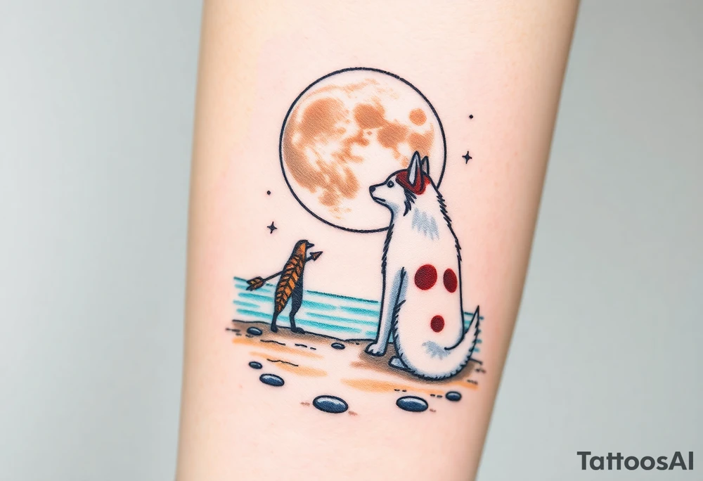 smALL HUSKY LOOKING AT A TRIBAL MOON STANDONG IN THE SAND IN THE SEA WITH THE CONSTALATION OF SAGITARIUS PUT COLOR ADD ARROW, MAKE HUSKY WHITE WITH BROWN SPOTS, MAKE ARROW FLYING tattoo idea