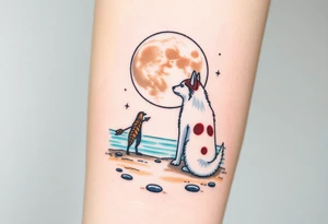 smALL HUSKY LOOKING AT A TRIBAL MOON STANDONG IN THE SAND IN THE SEA WITH THE CONSTALATION OF SAGITARIUS PUT COLOR ADD ARROW, MAKE HUSKY WHITE WITH BROWN SPOTS, MAKE ARROW FLYING tattoo idea