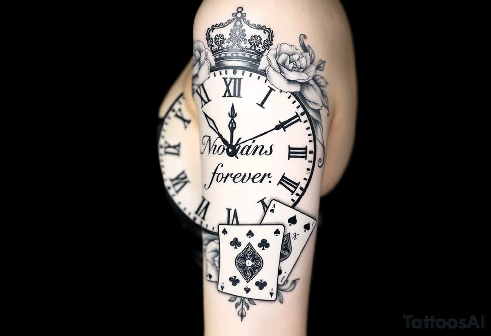 Roman clock with roses and a crown,  a quote that says nothings forever. and on the bottom a deck of cards tattoo idea