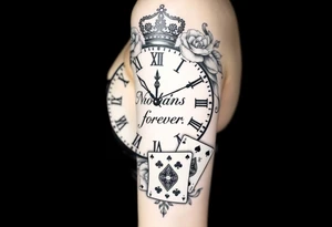 Roman clock with roses and a crown,  a quote that says nothings forever. and on the bottom a deck of cards tattoo idea