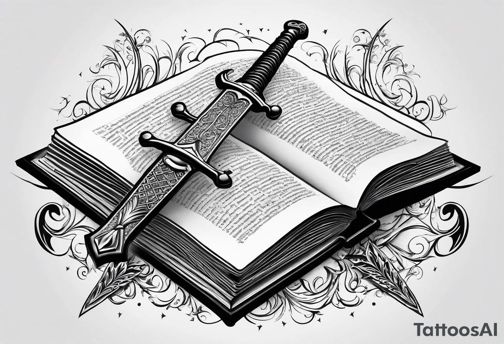 an empty open book with a sword through it, dragonwings and sparks surrounding the book. small design tattoo idea