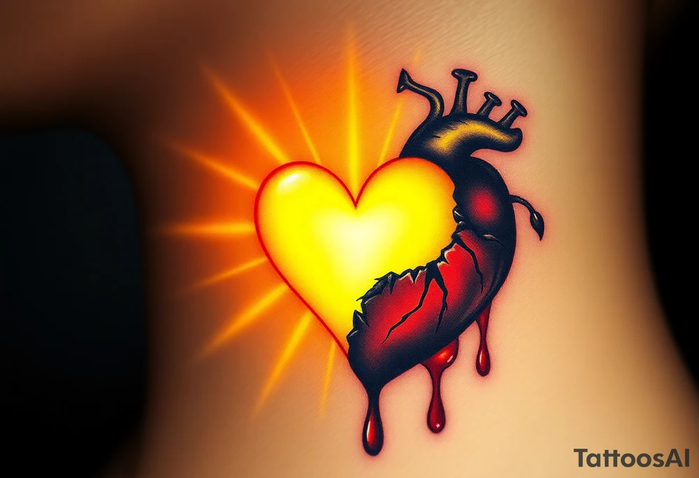 A bright golden heart, surrounded by soft, heavenly light, contrasted with a cracked, bleeding heart, dripping with deep crimson and black ink, signifying the contrast between joy and sorrow, life and death. tattoo idea