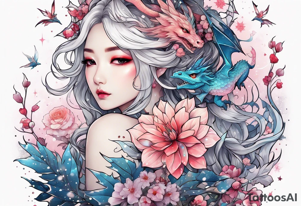 Constellation, wing , snow , cross , dragon female japan kawaii , flower tattoo idea