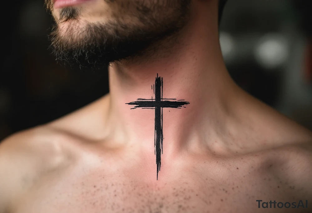 Cross in bold with a brush effect on man´s face under a eye. tattoo idea