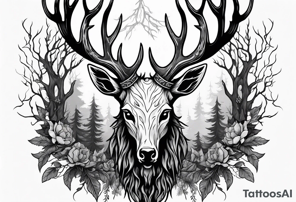 A wendigo with a decayed deer skull head with flames behind in a forest tattoo idea
