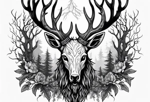 A wendigo with a decayed deer skull head with flames behind in a forest tattoo idea
