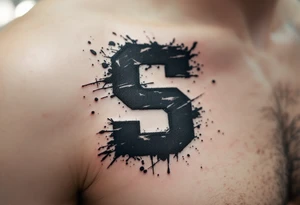 A distressed grunge-style "S" in dark gray and black with paint splatter texture. tattoo idea