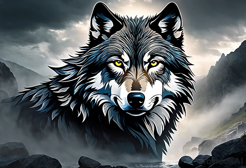 tattoo of a lone wolf navigating through a rugged landscape, with each obstacle representing a life battle – rocky terrain symbolizing challenges, storm clouds signifying hardships, and wild rivers representing struggles. The wolf is depicted with piercing eyes and a determined expression, embodying resilience and strength as it forges ahead. In the background, a subtle glow of sunlight breaks through the clouds, symbolizing hope and perseverance. Alongside the wolf, the phrase "Endure and Conquer" is inscribed in bold, minimalist lettering, encapsulating the theme of overcoming adversity with resilience and determination. tattoo idea