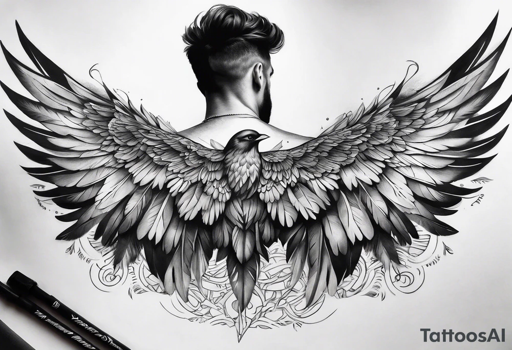 wings extending from a mens shoulders, covering the upper arms and upper back. The feathers are intricately detailed, with soft shading in black and gray to create depth and texture. The wings gently converge in the middle of the back, forming a harmonious and cohesive design. tattoo idea