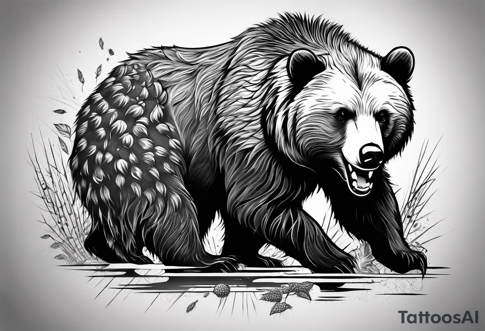a big growling bear and a tiny hedgehog together. tattoo idea