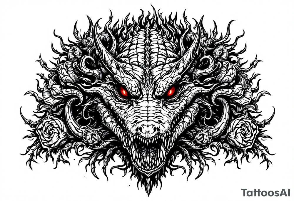 powerful aligator with red eyes, surrounded by death ornaments tattoo idea