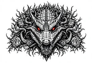 powerful aligator with red eyes, surrounded by death ornaments tattoo idea