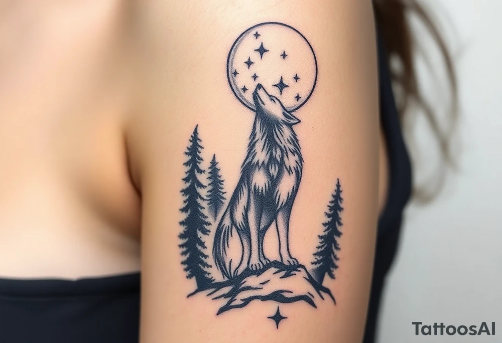 Lone wolf howling at the moon in the forest in the night Columba star tattoo idea
