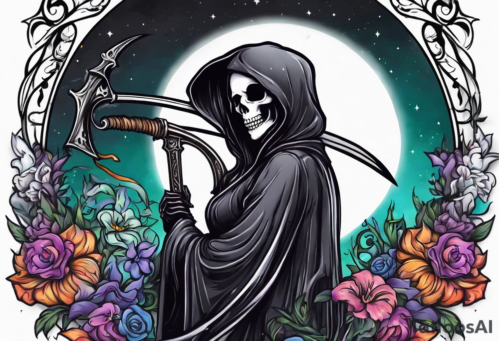 cute feminine grim reaper with scythe and nightshade tattoo idea