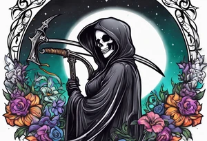 cute feminine grim reaper with scythe and nightshade tattoo idea