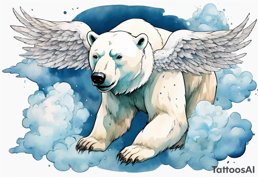 a polar bear with wings, standing on clouds, a gust of wind coming from its mouth tattoo idea