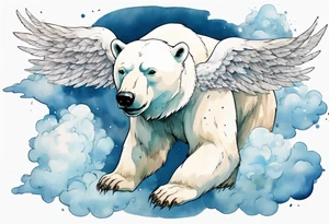 a polar bear with wings, standing on clouds, a gust of wind coming from its mouth tattoo idea