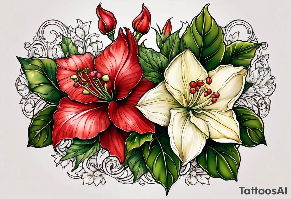 Hydrangea, Narcissus, Poinsettia, Holly, Gladiolus, Poppy, Daisy, Sweet Pea floral tattoo idea