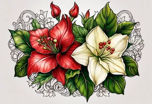 Hydrangea, Narcissus, Poinsettia, Holly, Gladiolus, Poppy, Daisy, Sweet Pea floral tattoo idea