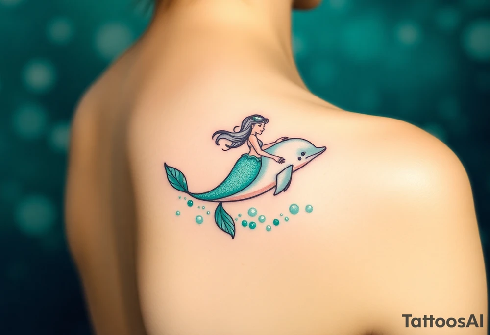 A mermaid riding a dolphin through an enchanted sea, blending deep emerald greens and luminous pearl whites tattoo idea