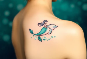 A mermaid riding a dolphin through an enchanted sea, blending deep emerald greens and luminous pearl whites tattoo idea