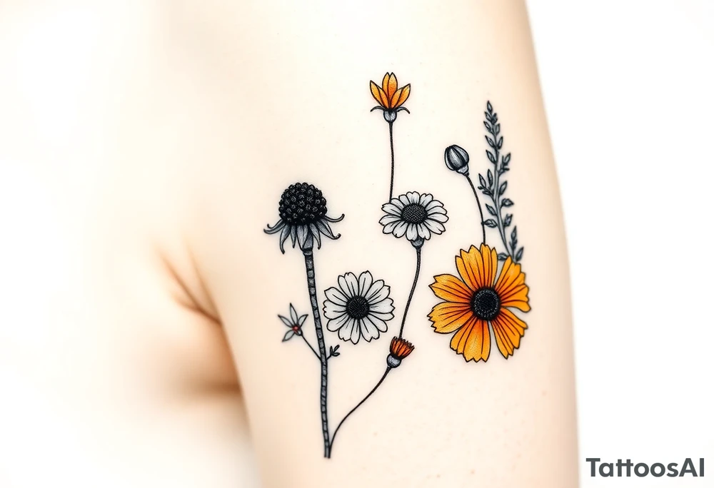 California poppies, California blackberries, gray’s lupine, marsh marigold, Indian paintbrush, one daisy, and an orange and orange blossom. Make it sick as fuck tattoo idea