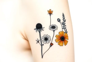California poppies, California blackberries, gray’s lupine, marsh marigold, Indian paintbrush, one daisy, and an orange and orange blossom. Make it sick as fuck tattoo idea
