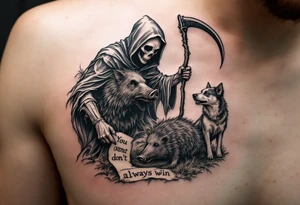 Grim reaper looking down on a hunting dog with a big feral boar while holding a scythe and scroll. The scroll has the words “You dont always win” written on it tattoo idea