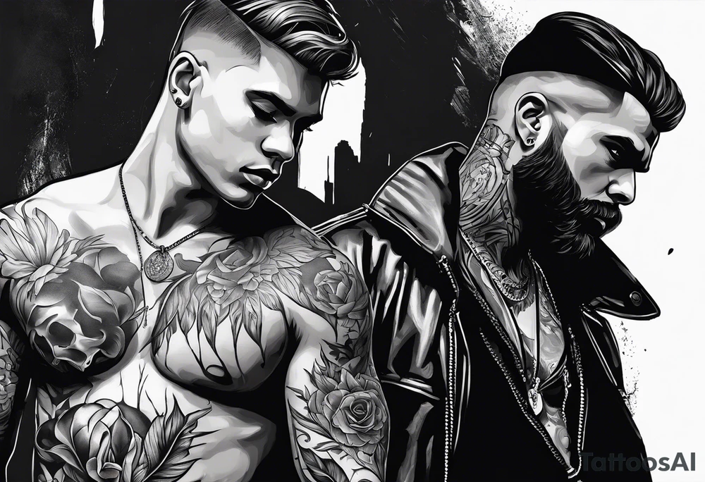 2 Black shadows of people standing over 2 wounded black shadows of people tattoo idea