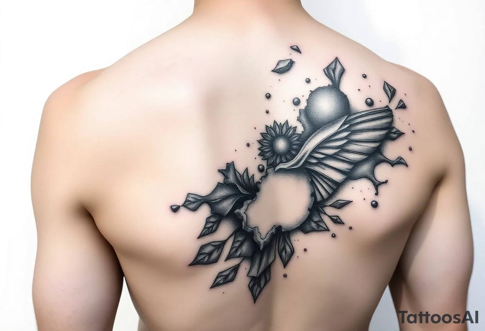 Can you design me a tattoo that represents a woman whose life has been shattered by broken trust, infidelitty, and alcoholism. But everyday she’s working at putting the pieces back together and is held together by her son, and hope for the future tattoo idea