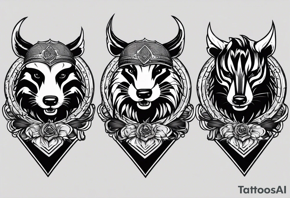 Draw me hunting badger with aggressive full body, killer face with a smile, very long nails and he attacks like a Turkish gladiator to enemy and also he has very deadly looking. The only weapon is his braveness he fights with his nails. Everybody scares after their first sight. And horror type Badger this is. tattoo idea