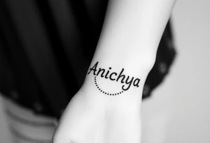 Create a tattoo that writes the Hindi word "Anichya" with A circle or spiral, which represents the cyclical nature of life and death tattoo idea