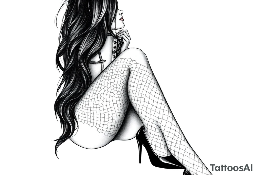 Seated woman with long dark hair, wearing a corset, fishnet tights and black shiny stilettos tattoo idea