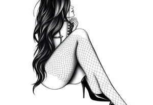 Seated woman with long dark hair, wearing a corset, fishnet tights and black shiny stilettos tattoo idea