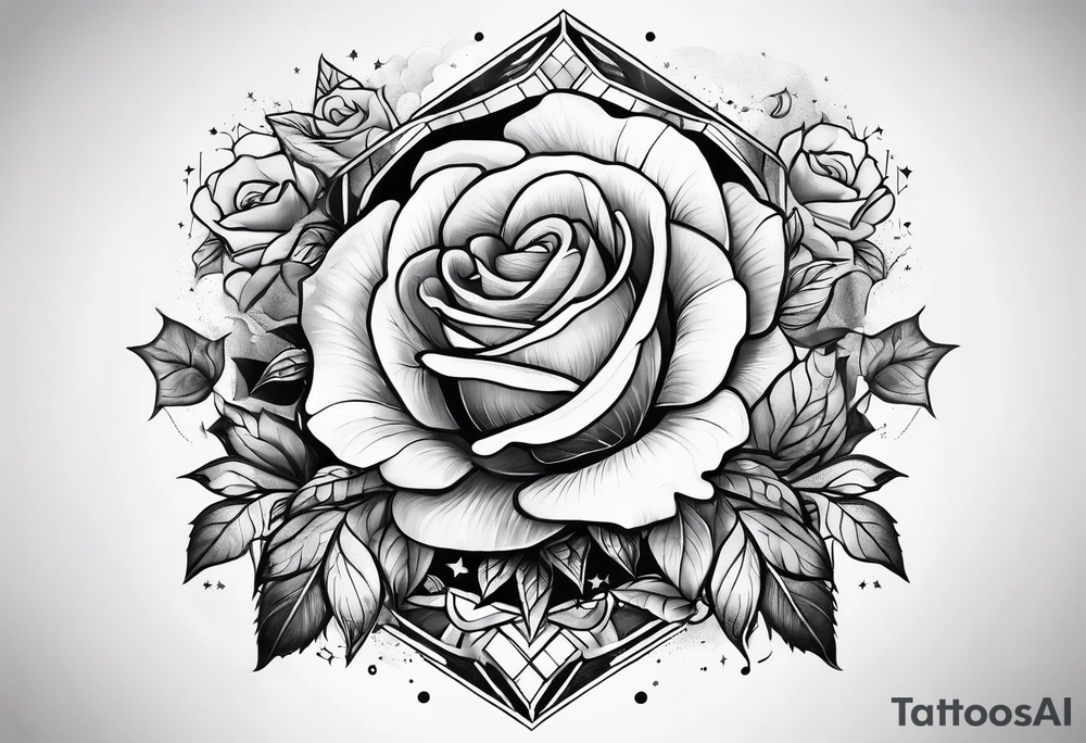 Tesseract with big roses and small stars around it tattoo idea
