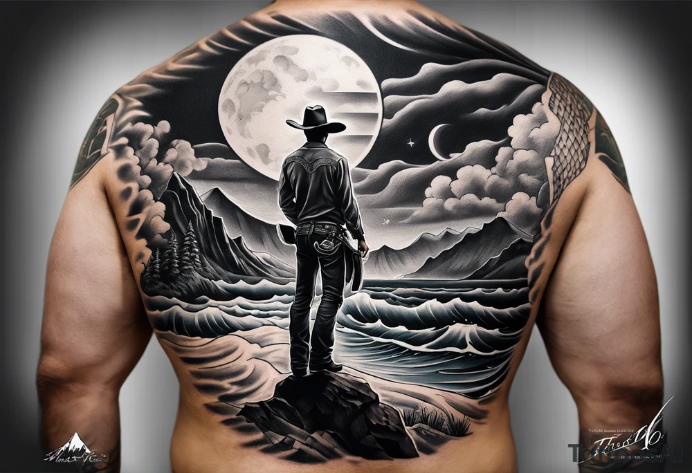 full sleeve tattoo.
Man with a cowboy hat, view from back, pistol
Half moon
Wave of an ocean
Mountain
Blended tattoo, with no obvious lines tattoo idea