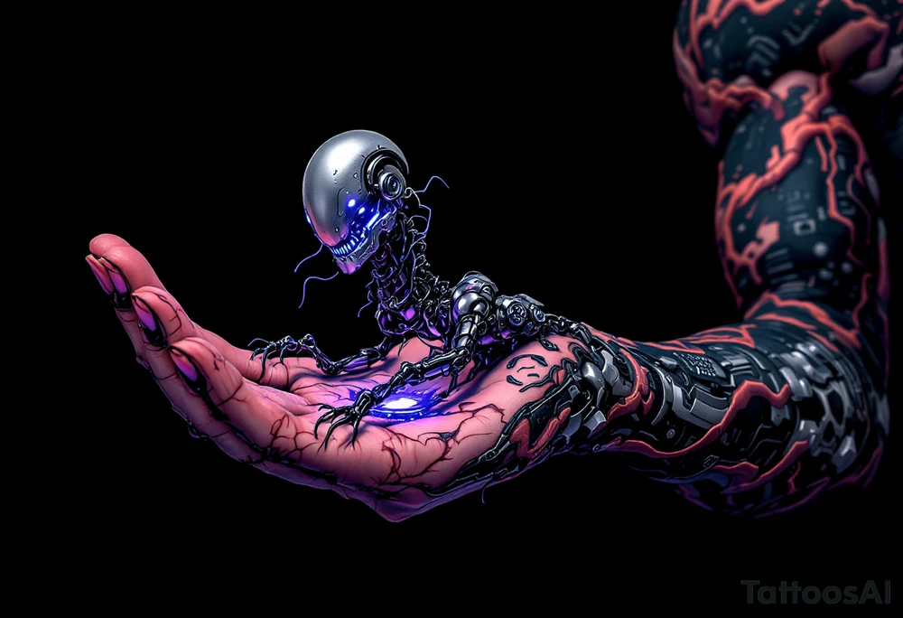 A biomechanical structure crawling up from the palm in brushed aluminum, surrounded by glowing violet circuitry and torn muscle detail. tattoo idea