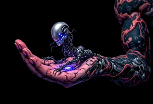 A biomechanical structure crawling up from the palm in brushed aluminum, surrounded by glowing violet circuitry and torn muscle detail. tattoo idea