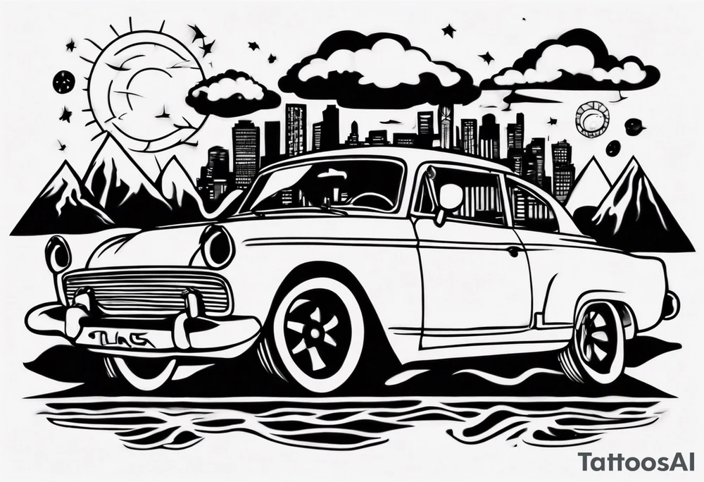 Car infront of sunset tattoo idea