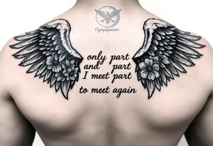 cybersiglism angel wings, quote saying "we only part to meet again", moonflowers tattoo idea