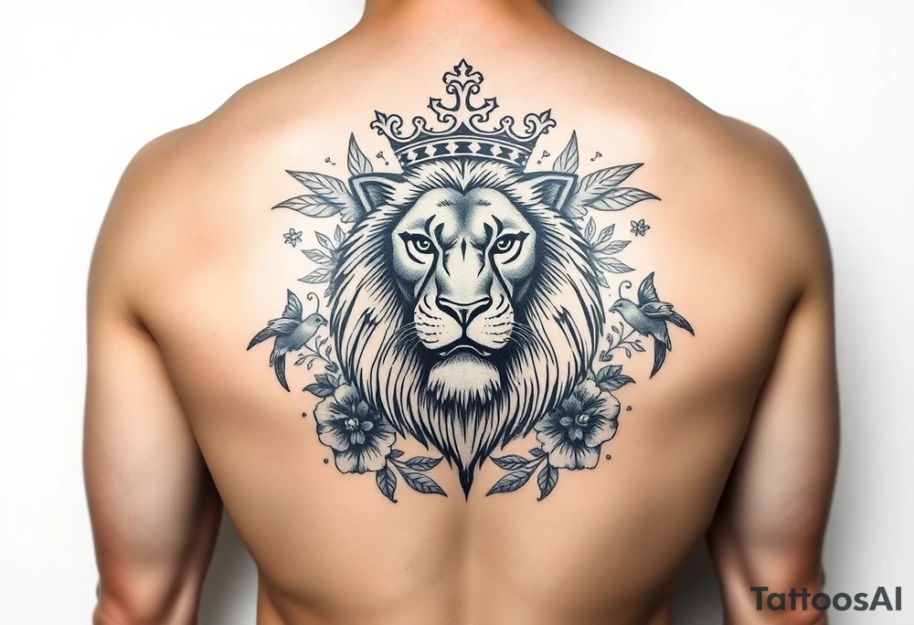 powerful majestic lion with a crown, surrounded by floral ornaments and birds tattoo idea