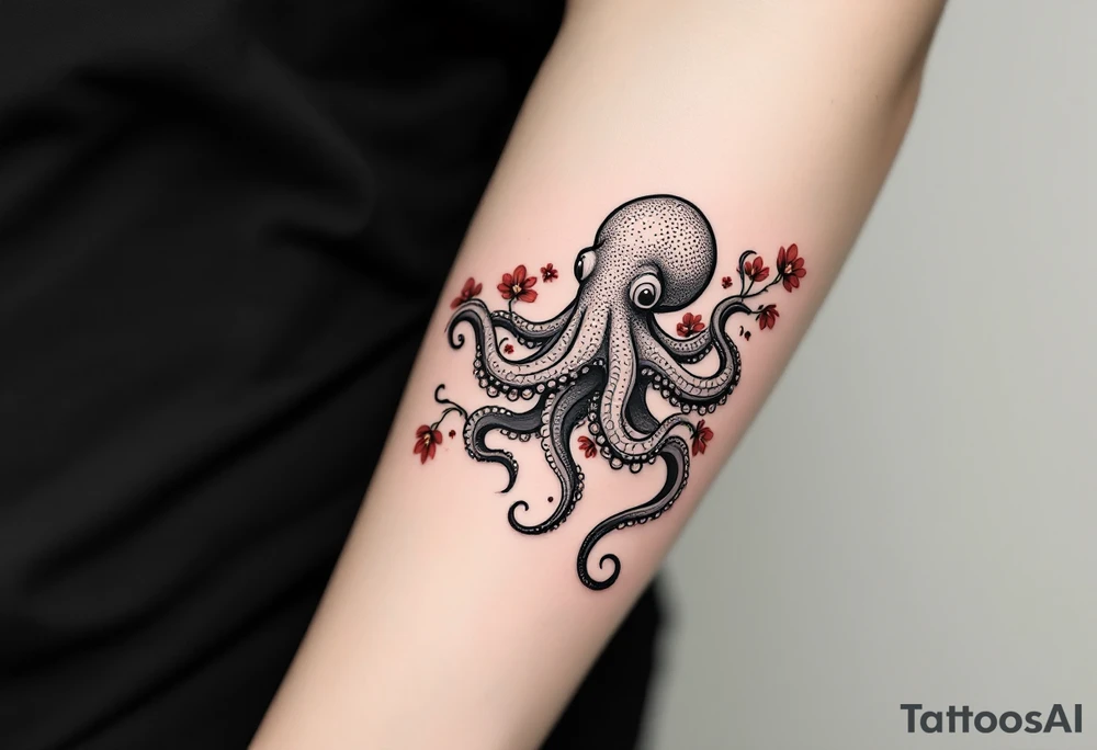 A small realistic black and grey tattoo of an octopus, cute, with detailed shading and soft linework, showing the octopus with swirling tentacles, on light skin. ornamental flowers around with red ink. The style is minimalistic and elegant, resembling fine-line tattoo with a shadow tattoo idea