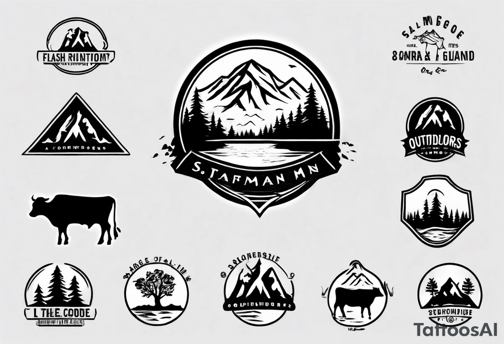 A logo for an outdoors company that includes an "S" and an "M". Includes a mountain, a lake, some trees, and a cow tattoo idea