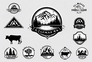 A logo for an outdoors company that includes an "S" and an "M". Includes a mountain, a lake, some trees, and a cow tattoo idea