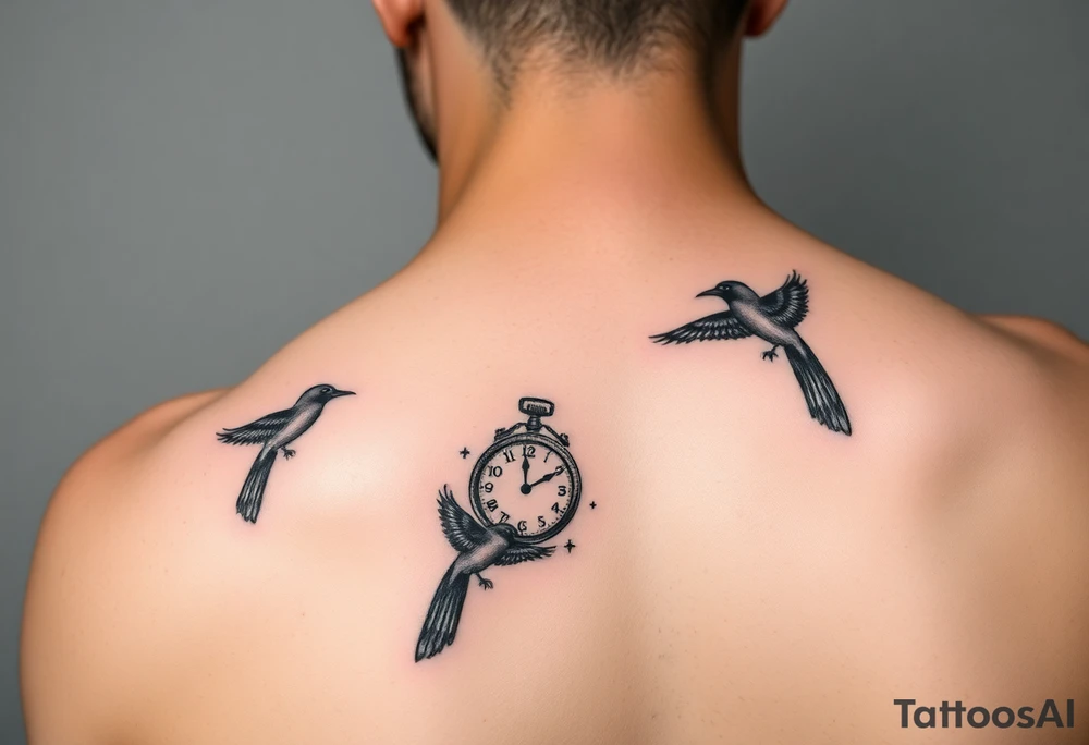 Small for arm of 
One color and rest black and white incorporating 

 and tiny little black birds and a clock tattoo idea