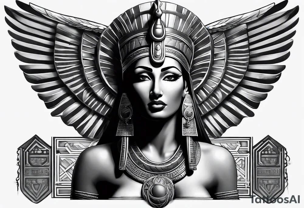 black and gray photo realistic goddess isis with minimal detail tattoo idea