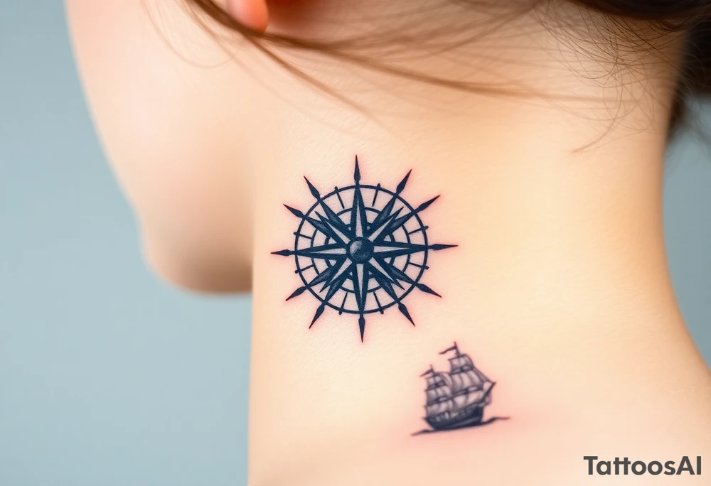 antique compass rose overlaid on weathered world map with sailing ships tattoo idea